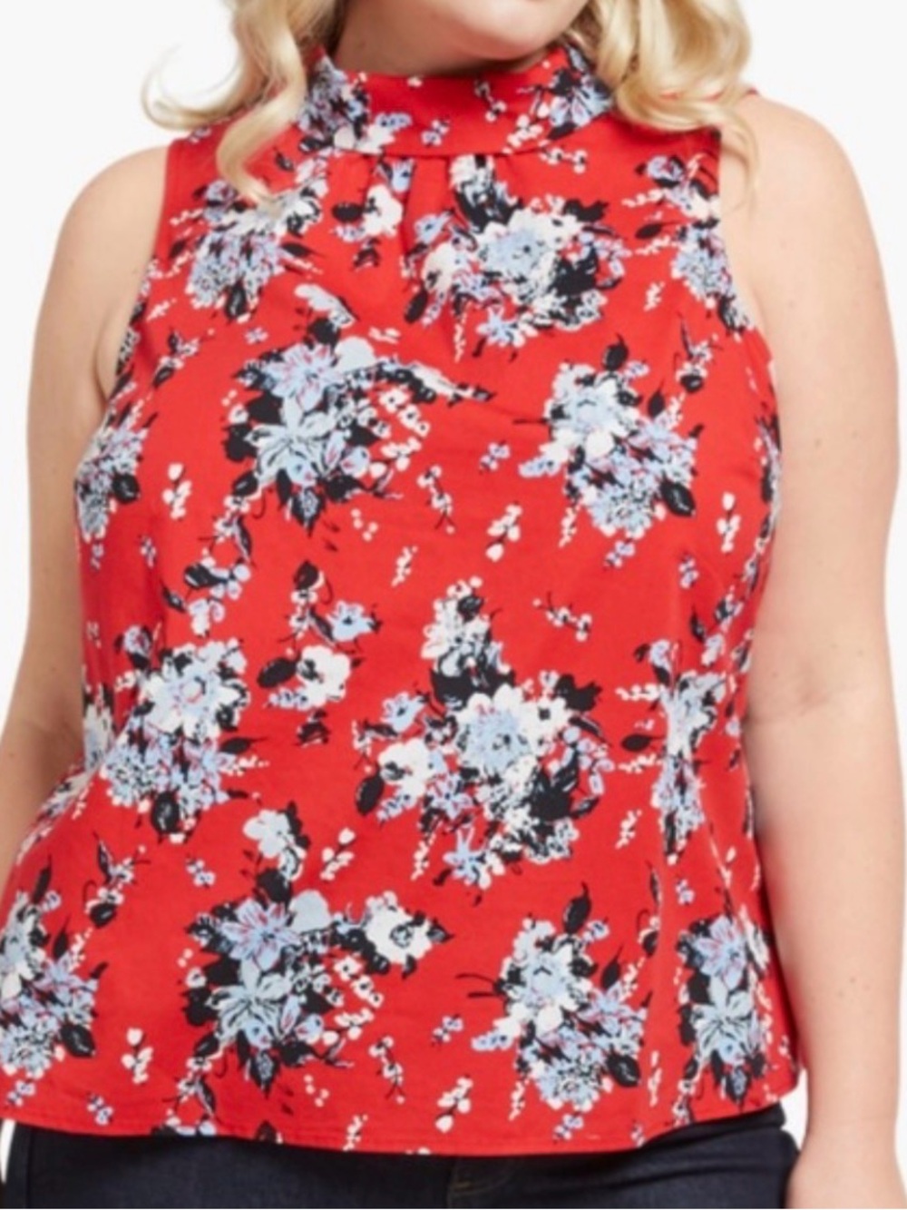 1X ModCloth Red Blue Floral Rolled High Neck Button Back Sleeveless Tank Top